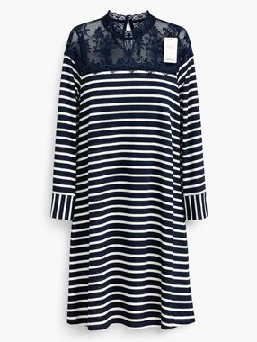 NWT Andree by Unit Blue Stripe Lace Yoke Dress Large Long Sleeve